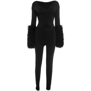 Combinaison moulante personnalisée 2026 pour femme, col en V profond, découpes, manches longues, fourrure, tenue de club, taille naturelle, tissu jersey - Product Image 4