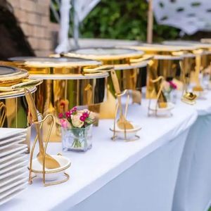 Plat de service chauffant et réchaud <span class=keywords><strong>buffet</strong></span> rond en acier inoxydable doré 6L avec grande fenêtre en verre, style royal moderne de luxe, alimenté à l'alcool - Product Image 2