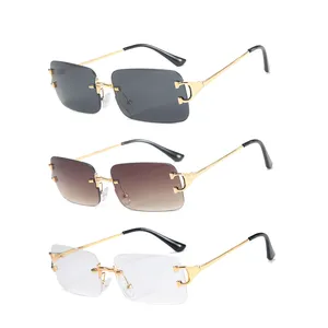 Petites lunettes rectangulaires sans monture Lentilles coupées Monture en métal Petites lunettes de soleil carrées pour hommes et femmes