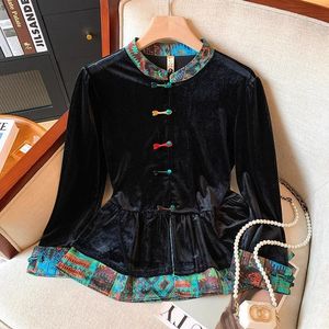 Chinese Style Stand-Up Collar Velvet Cardigan Women Long Sleeve Splicing Color Blocking Chinoiserie Top Spring Autumn Fashion - Product Image 2