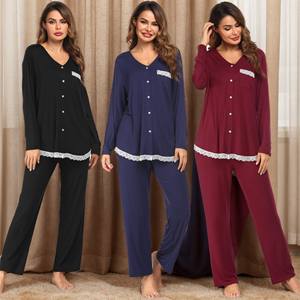 Damen Klassischer Freizeit-Pyjama-Anzug V-Ausschnitt 2-teilig Langarm Gestrickt Weich Elastische Taille Herbst Atmungsaktiv Einfarbig Spitze - Product Image 1