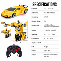 Coche RC Transformable 1:18 con un Solo Botón, Estilo Superdeportivo con Luces, Juguete de Control Remoto 2.4G, Coche de Carreras, Batería de 3.7V, Carga USB