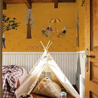 Mural Dinding Hutan Kelinci Gambar Tangan Kartun Warna Oranye Hangat Kain Dinding Kustom untuk Wallpaper Kamar Tidur Anak
