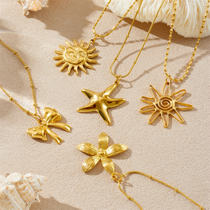 Gold Plated Themed Pendant Necklace With Starfish Bow Flower Sun Crab Turtle Bird Charm For Daily Wear Gift - Product Image 2