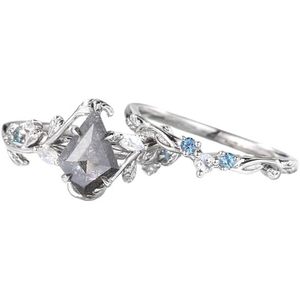 Ensemble de bagues vintage sel et poivre serties de diamants, bague de fiançailles taille cerf-volant 1,5 carat pour femme, en argent sterling 925, motif végétal - Product Image 1