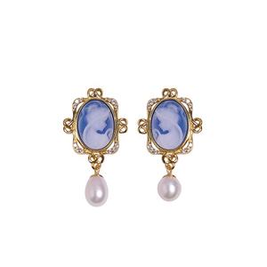 Non ternir bijoux 18k plaqué or hypoallergénique S925 argent dame Portrait <span class=keywords><strong>Agate</strong></span> <span class=keywords><strong>camée</strong></span> Baroque perle boucles d'oreilles pour les femmes - Product Image 2