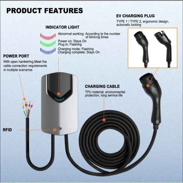 Smart EV Charger 7kW Type2 Socket IP65 Wall-Mount EV Charging Station for Various Electric Vehicles