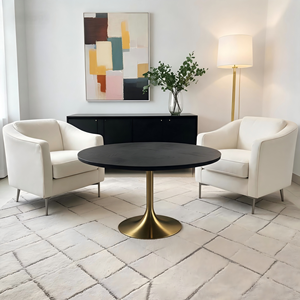 Living Room Furniture Tulip Middle Black <b>Round</b> Oak Wood <b>Gold</b> Stainless Steel Base Coffee <b>Table</b> - Product Image 5