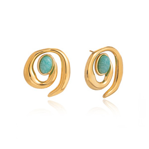 Geometric <b>Stud</b> <b>Earrings</b> With <b>Turquoise</b> Inlay Gold Tone Stainless Steel Party Jewelry - Product Image 5