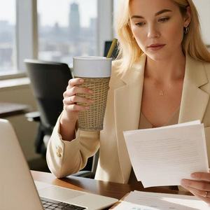 Bamboo Woven Coffee Cup White Porcelain Inner Portable Travel Beverage Cup - Product Image 1