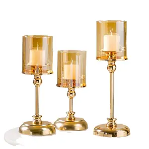 supplier holiday elegant handcraft gold crystal Pillar Candle Holders for Wedding Party with metal cup