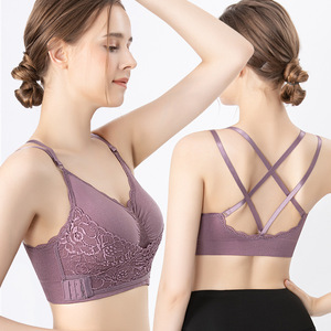 Soutien-gorge sans fil à dos croisé en dentelle pour femme, fermeture avant, bretelles réglables, lingerie respirante et confortable - Product Image 4