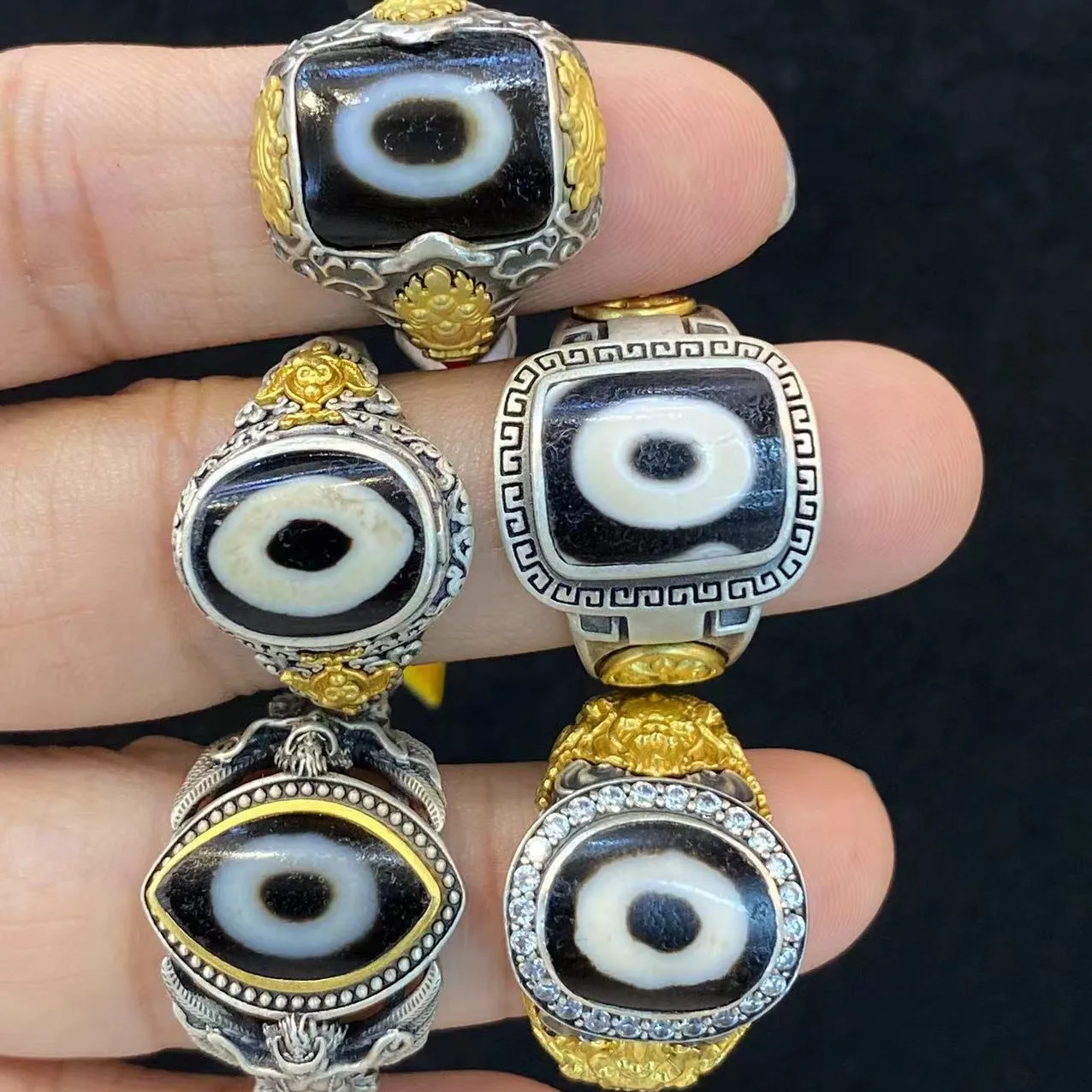 Hoge Kwaliteit Natuursteen Ring Tibetan Dzi Ringen Zilver Met Vergulde Edelsteen Ring Koperen Sieraden Voor Geschenk Verstelbare Grootte