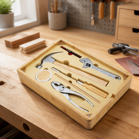 Kit d'outils ménagers en bambou, ensemble de réparation portable avec marteau, pinces, clé, mètre à ruban, porte-embouts, étui