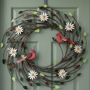 Corona de metal rústica con pájaros rojos y flores de margarita, decoración de pared hecha a mano, forma redonda, sin iluminación - Product Image 6