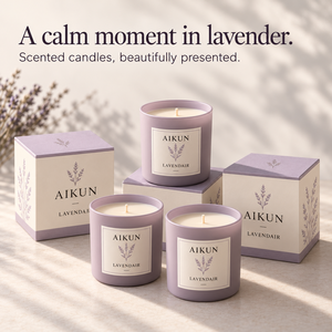 Vela Aromática Aikun Calm Lavender de Una Sola Mecha en Frasco Morado con Presentación en Caja Botánica para Regalos de Bienestar - Product Image 1