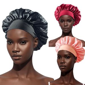 Bonnet en satin à bord large très élastique, double couche, de luxe, pour le sommeil, pour femmes, soin des cheveux, bonnet de nuit, logo personnalisé, chapeau de beauté, vente en gros - Product Image 1