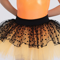 Gaun Tutu Balet Anak Warna Oranye dengan Kerah Halter, Berlapis, Bermotif Titik Hati untuk Pertunjukan Jazz & Tap, Pakaian Tari Panggung Honeybee