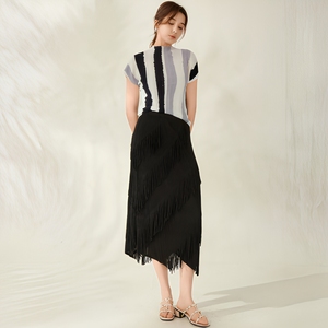 Nouvelle Collection Été 2026 : Haut Plissé Décontracté à Rayures pour <span class=keywords><strong>Femme</strong></span>, <span class=keywords><strong>Manches</strong></span> <span class=keywords><strong>Courtes</strong></span>, Élastique et Séchage Rapide, Style Miyake - Product Image 4