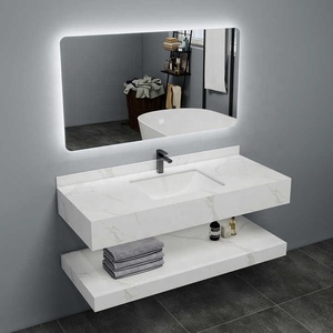 Meuble-lavabo de salle de bain superposé personnalisé, style hôtel moderne, <span class=keywords><strong>en</strong></span> pierre frittée, étanche, durable, à prix abordable, avec vasque <span class=keywords><strong>en</strong></span> céramique intégrée - Product Image 2