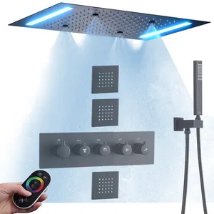 Système de douche pluie noir mat Set14 X 20 pouces grande salle de bain LED pommeau de douche en laiton luxe robinet thermostatique Message pulvérisateur