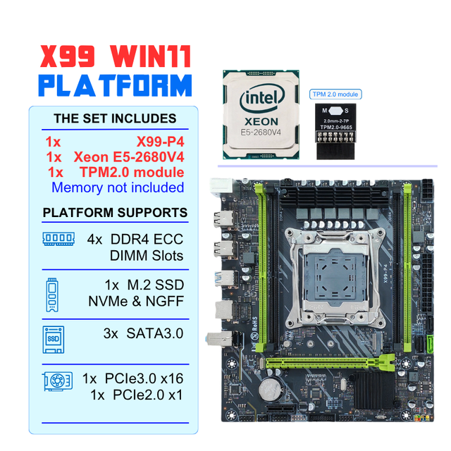 New X99-P4 C612 Win11 Ready Tpm2.0 Set UEFI Secure Boot Matx Mainboard DDR4 Ram Intel Xeon E5 2680 V4 Combo X99 Motherboard Kit