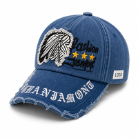 Casquette de baseball personnalisée avec logo, aspect denim délavé et vieilli, 6 panneaux, visière incurvée effilochée, fournisseur en gros OEM ODM
