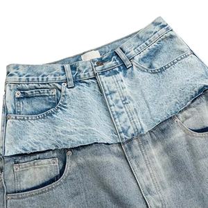 Jeans Homme Streetwear en Denim Double Taille Effet Vieilli Bords Bruts Patchwork Délavé Clair Coupe Droite Taille Haute – Vente en Gros - Product Image 3