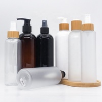 Botol Pompa Sampo Bambu 8oz, Botol Lotion/Minyak Plastik Bening Frost 4oz 250ml 16oz Dengan Pompa Semprot Bambu