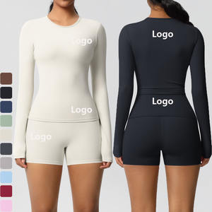Logo personalizzato donna Slim Fit allenamento 2 pezzi Set manica lunga Top Lift pantaloncini attillati Yoga allenamento Fitness palestra tuta - Product Image 1