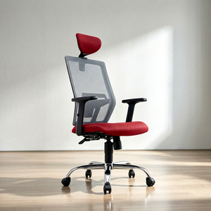Modern Ergonomic <b>Mesh</b> Commercial <b>Office</b> <b>Chair</b> Red Gray Adjustable Armrest Headrest Swivel Chrome Base Manual Contemporary Design - Product Image 1