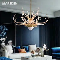 Modern lüks dekor boynuz geyik e27 ampul tavan asılı bronz led kolye ışık bakır pirinç fantezi avize lamba