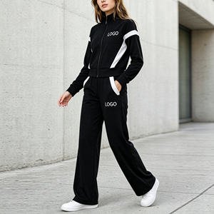 Conjunto de 2 piezas de ropa de descanso personalizado para mujer, color negro, top con cremallera completa y cuello alto, pantalones de pierna ancha, chándal deportivo - Product Image 3