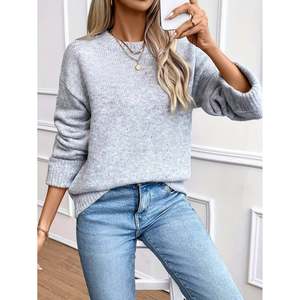 Suéter de Punto para Mujer, Color Gris Claro, Cuello Redondo, Hombros Caídos, Estilo Relajado, para Invierno - Product Image 2