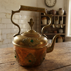Vintage Brass Tea Kettle With <b>Lid</b> Metal Handle Ornate Design Turquoise Inlays Water <b>Pot</b> Kettles - Product Image 2