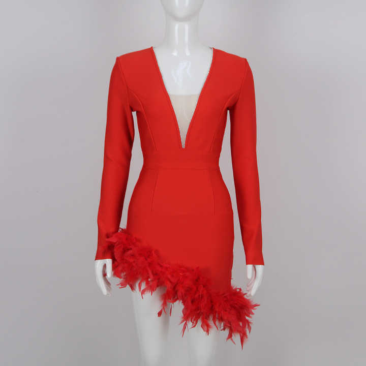 Elegant Mini Bandage Bodycon Short Party Dress Long Sleeve Red Ostrich ...