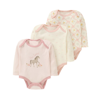 Ensemble de 3 barboteuses décontractées d'été à manches longues avec motifs imprimés mignons pour nouveau-né (0-3 mois) garçon ou fille, avec cintre