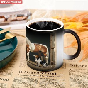 Frosted Black 11oz <b>Ceramic</b> <b>Mug</b> Heat Sensitive Cup With Horse And Dog Art Design 2D Flat Painting - Product Image 5