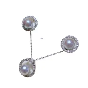 7-8毫米圆形灰色彩色海水天然珍珠耳环带魅力吊坠项链2件珠宝套装