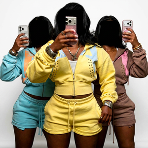 Hot Sale Women's Street Style 2 Piece Tracksuit Set with Rivet Detail Hooded Crop <b>Top</b> and Jogger Shorts Solid Color Blank Sets - Product Image 1