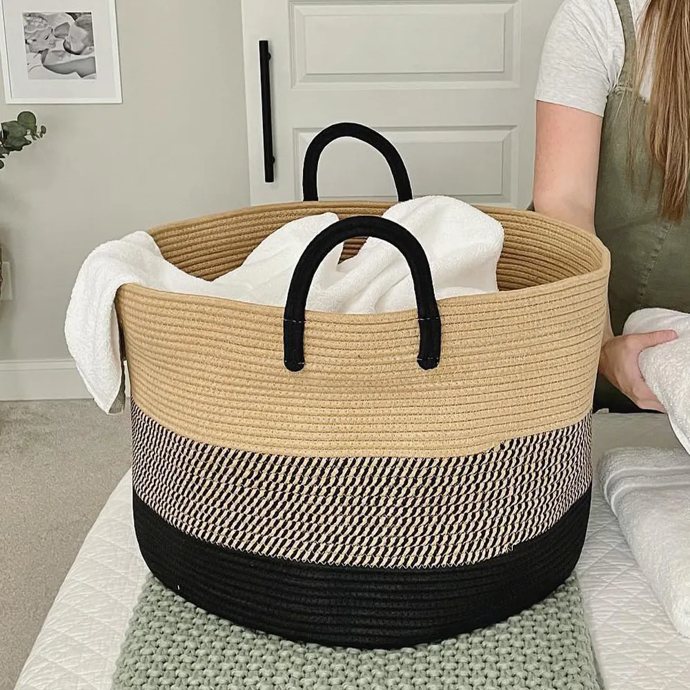 Foldable New Style Large Cotton Rope Woven Laundry Storage Basket With Long Handles