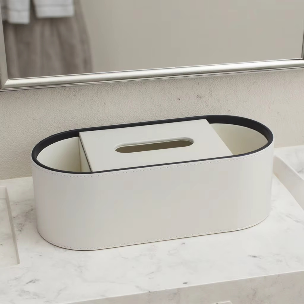 Oval two compartment storage box-cream white