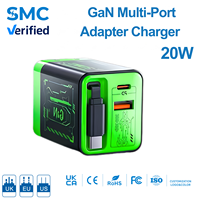 Adaptateur de chargeur multi-ports GaN 20W avec câble rétractable, charge rapide PD QC, prise US EU UK pour iPhone Android Samsung