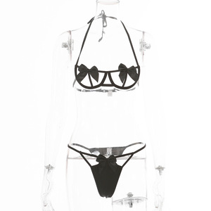 Ensemble de lingerie sexy pour femmes, best-seller, avec soutien-gorge string ajouré et nœud, plusieurs couleurs au choix - Product Image 6