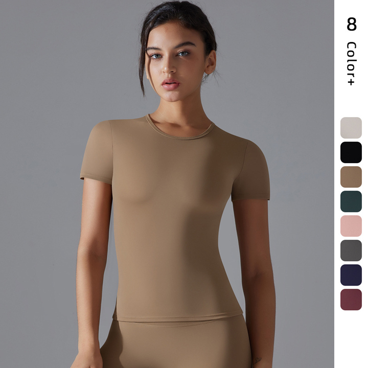 Nylon/Spandex Lightweight Breathable Four-Way Stretch Crew Neck Crop Tops Sustainable Slim Fit Workout Yoga Front Logo Sports