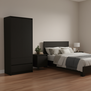 Juego de dormitorio Beloit de 3 piezas en negro con mesita de noche, cómoda y armario, diseño moderno para muebles de dormitorio. - Product Image 2