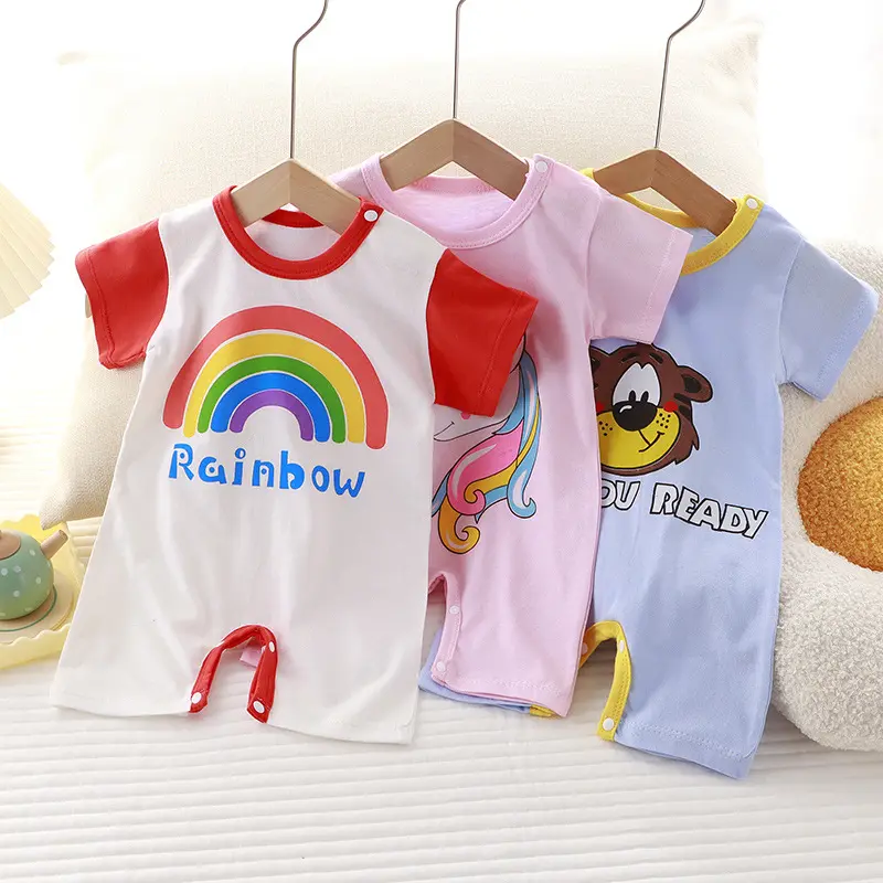 Zomer Pasgeboren Baby Puur Katoenen Dunne Open-End Kruipkleding Met Korte Mouwen Baby Eendelige Kleding Romper