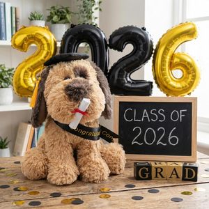 Peluche chien de graduation douce avec chapeau et diplôme, cadeau pour fête de remise des diplômes, vente en gros pour boutiques de cadeaux - Product Image 6