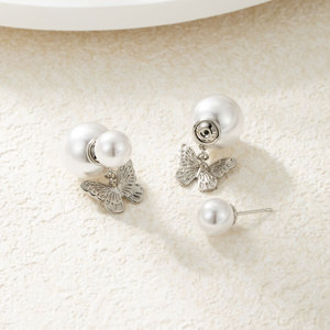 Boucles d'oreilles clous papillon en perles, en acier inoxydable et alliage de zinc, design insecte, style léger et luxueux, plaqué or 14 carats Tiyo - Product Image 4