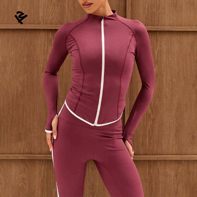 Custom Women 2 Piece Yoga Set Zip up Jacket and High Waist Leggings with Side Stripe Gym Activewear Sportswear Loungewear Outfit